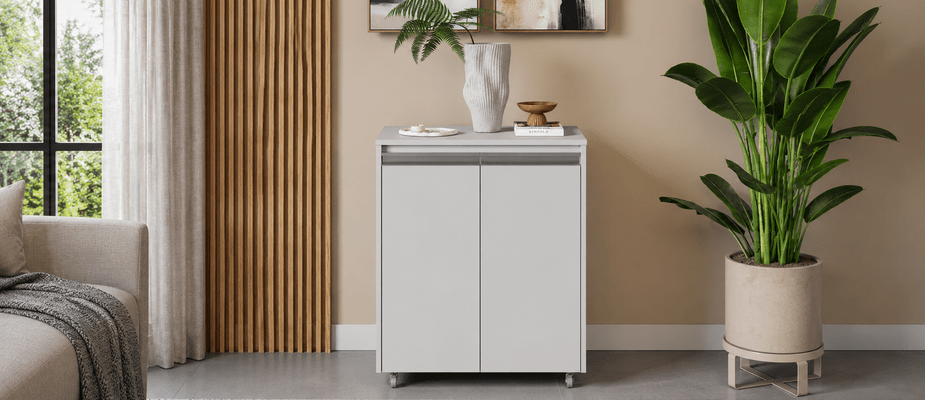 Aparador Buffet Com Rodinhas Multiuso MDF 60x30cm   2 Portas e 2 Prateleiras Branco