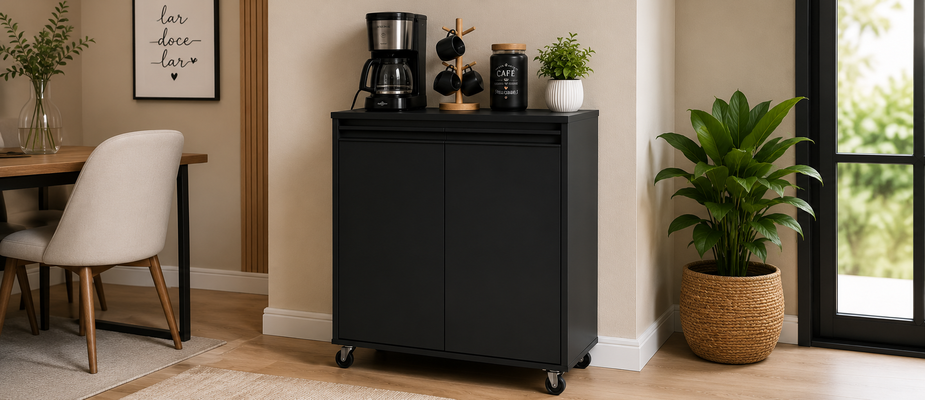 Aparador Buffet Multiuso 60cm em MDF com Rodízios | 2 Portas, Compacto e Entregue Montado