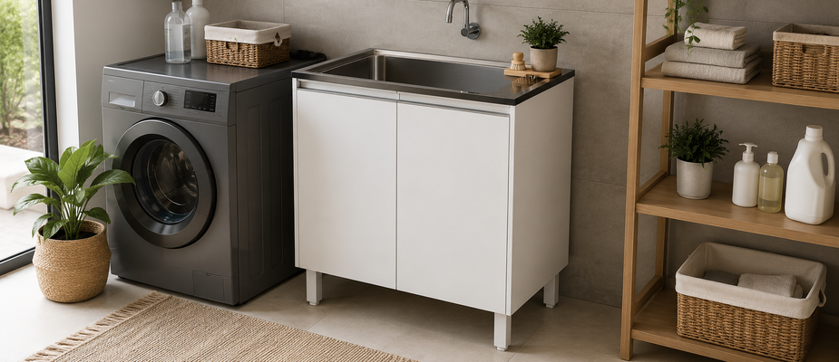 Tanque de lavar inox 47L com gabinete MDF para lavanderia